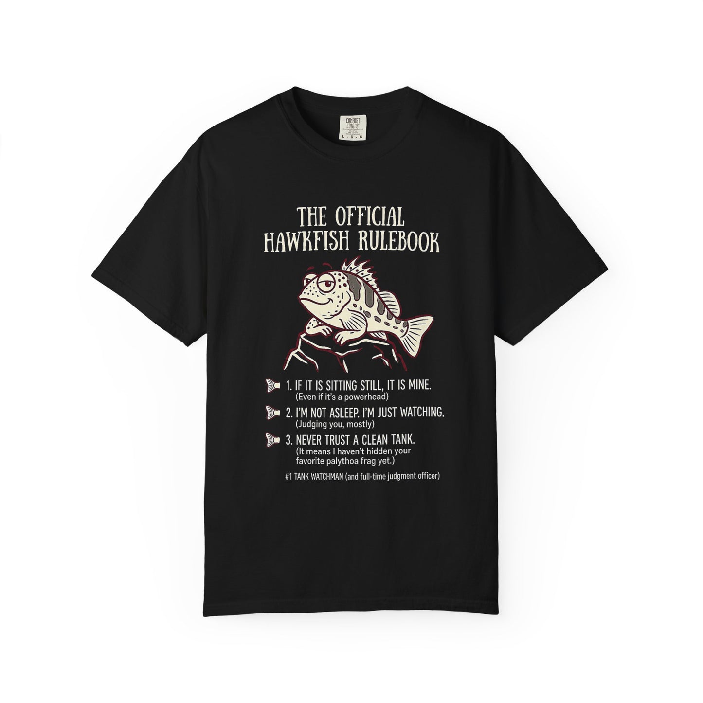 Broke Reefers saltwater aquarium graphic t-shirt featuring a witty rulebook illustration of a hawkfish with the text: THE OFFICIAL HAWKFISH RULEBOOK, black crew neck tee