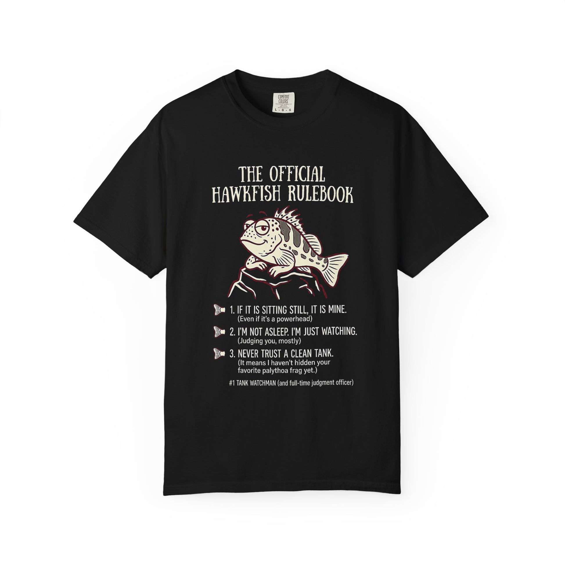 Broke Reefers saltwater aquarium graphic t-shirt featuring a witty rulebook illustration of a hawkfish with the text: THE OFFICIAL HAWKFISH RULEBOOK, black crew neck tee