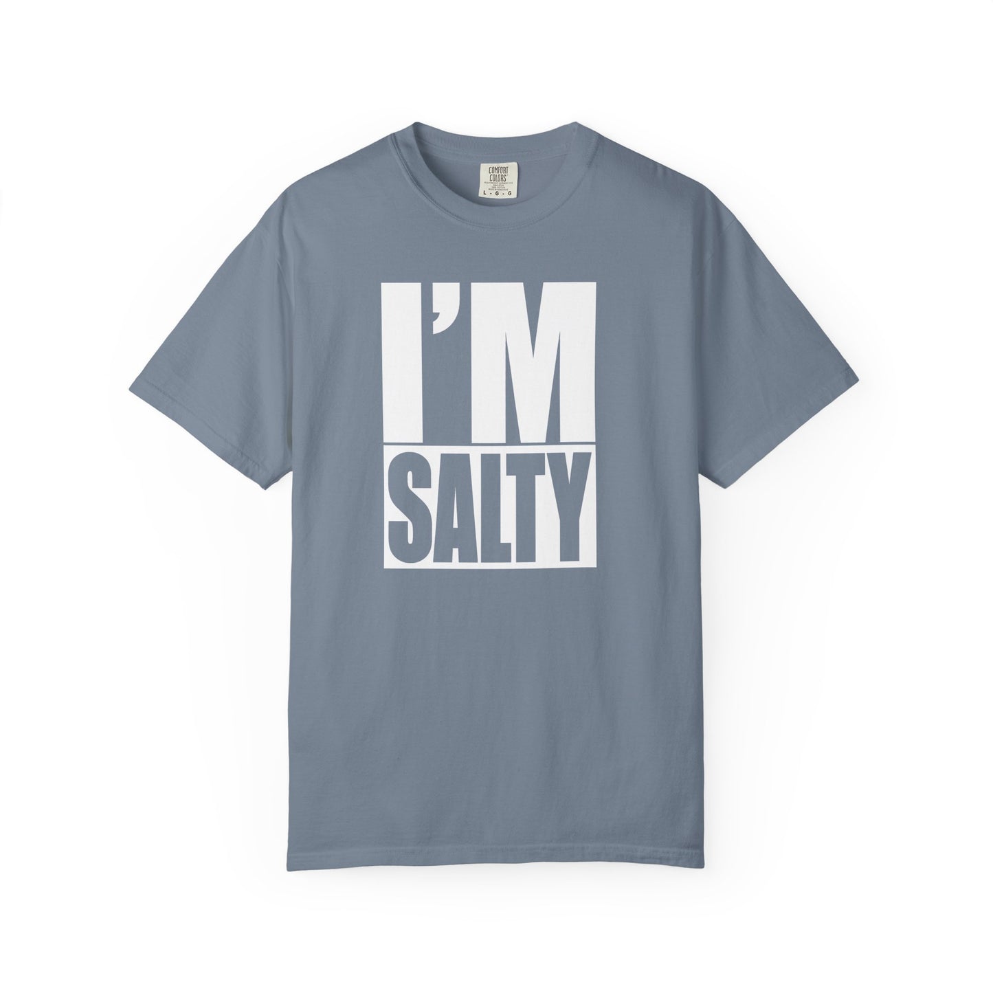 Broke Reefers graphic t-shirt featuring a bold, minimalist block-text design that reads: I’M SALTY, blue crew neck tee