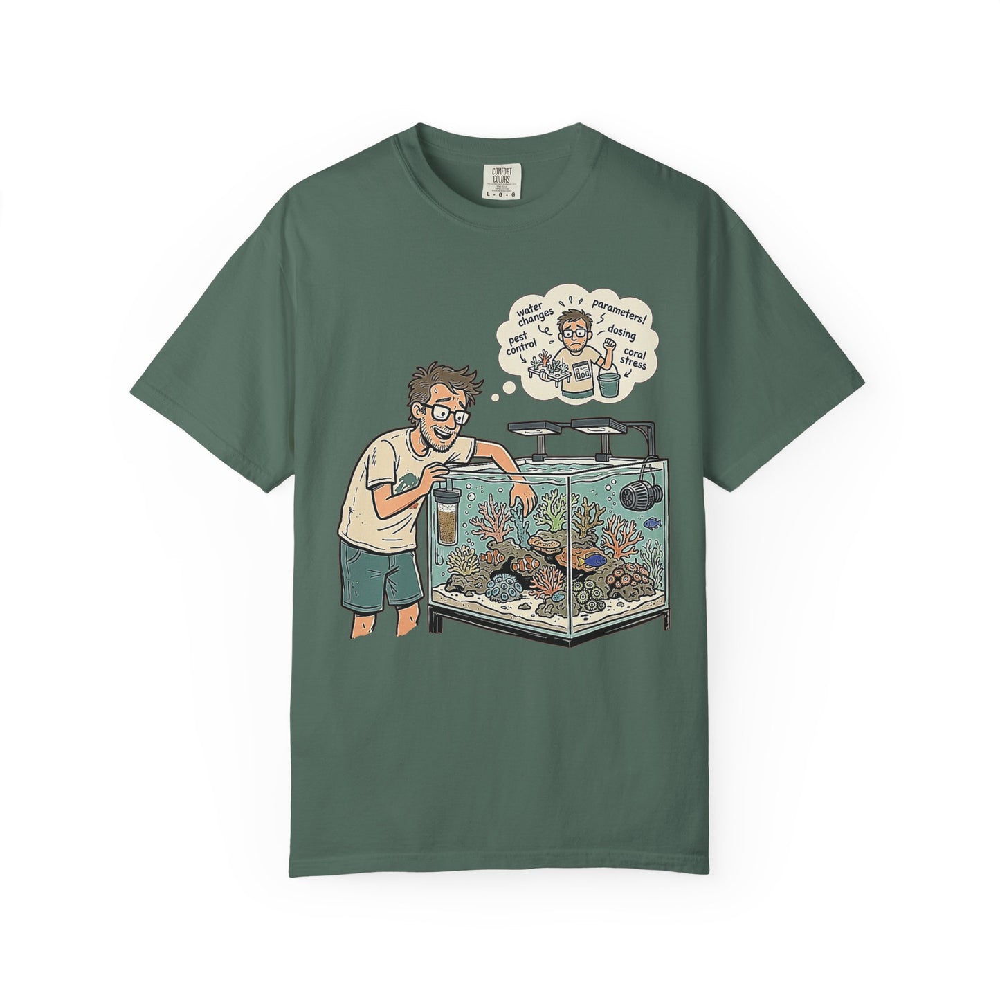 Broke Reefers saltwater aquarium graphic t-shirt featuring a detailed illustration of a reef-keeper tending to their tank with a thought bubble of reefing chores, military green crew neck tee