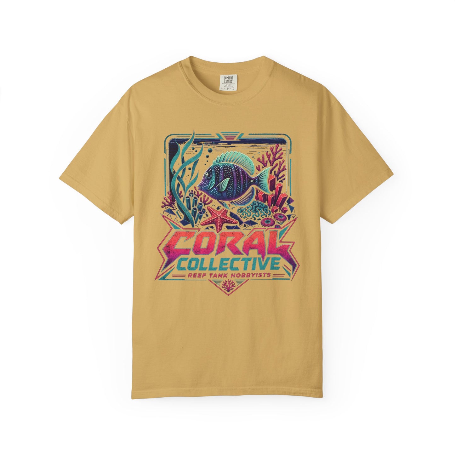 Broke Reefers graphic t-shirt featuring a vibrant illustration of a reef scene with a centerpiece fish and text reading: CORAL COLLECTIVE: REEF TANK HOBBYISTS, mustard crew neck tee