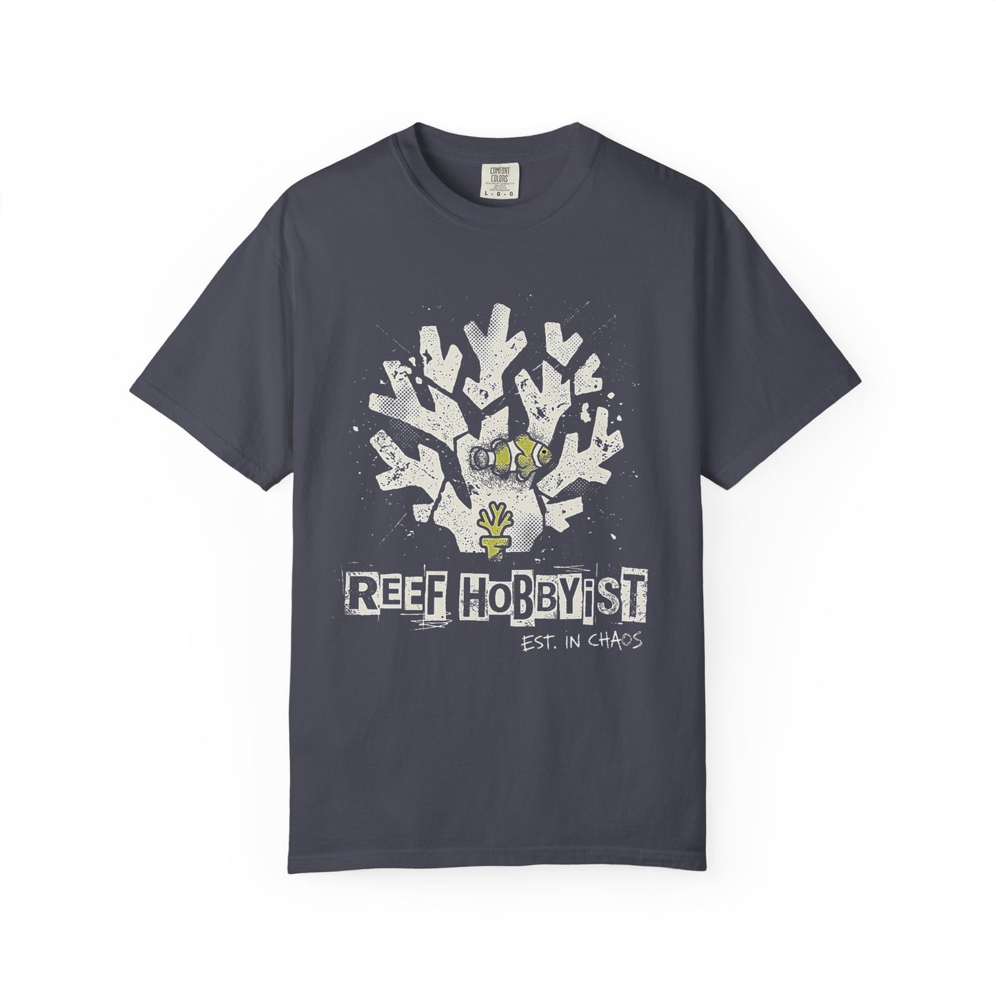 Broke Reefers graphic t-shirt featuring a bold silhouette illustration of a clownfish and coral with the text: REEF HOBBYIST, EST. IN CHAOS, navy crew neck tee