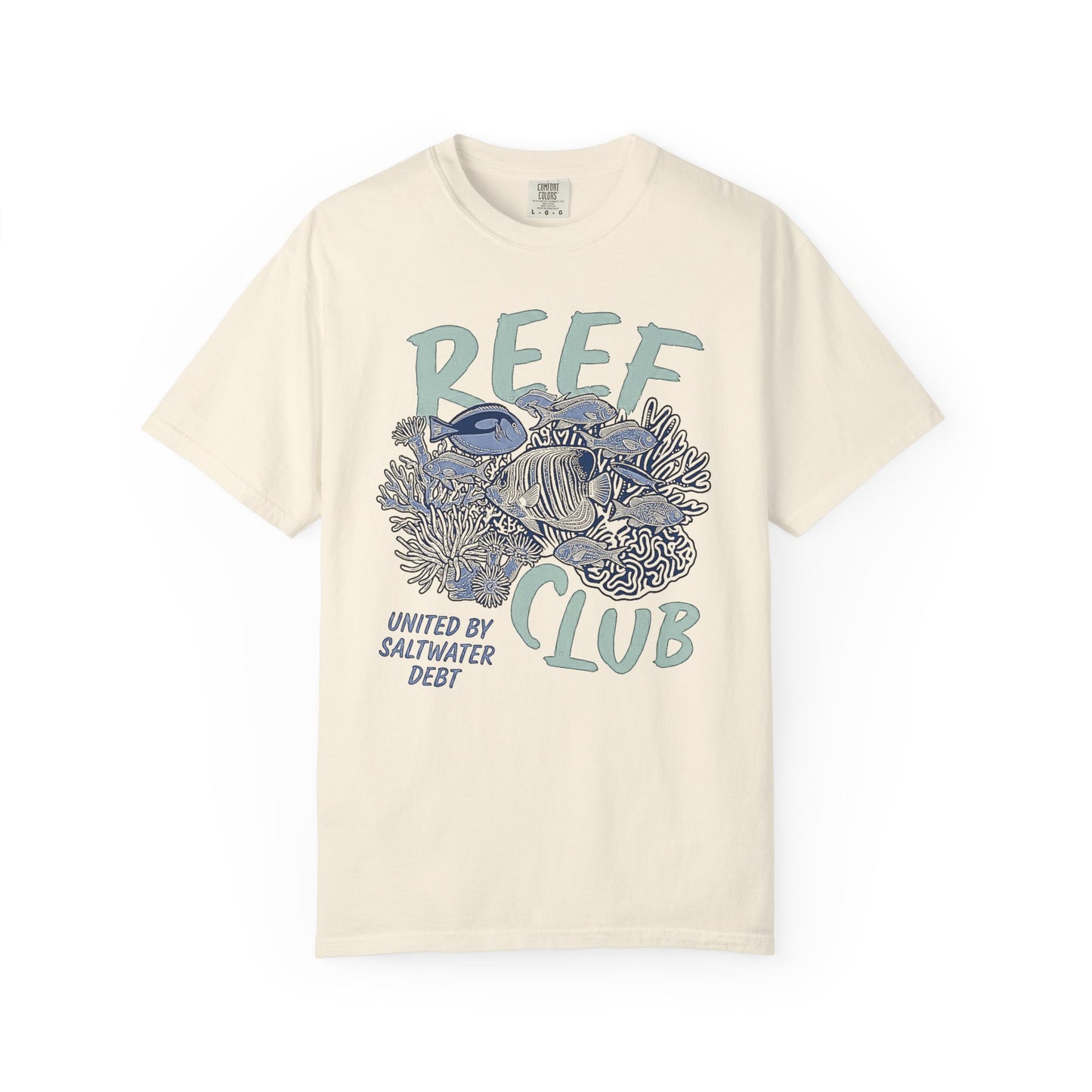 Broke Reefers graphic t-shirt featuring a detailed reef illustration with the text: REEF CLUB, UNITED BY SALTWATER DEBT, beige cream crew neck tee
