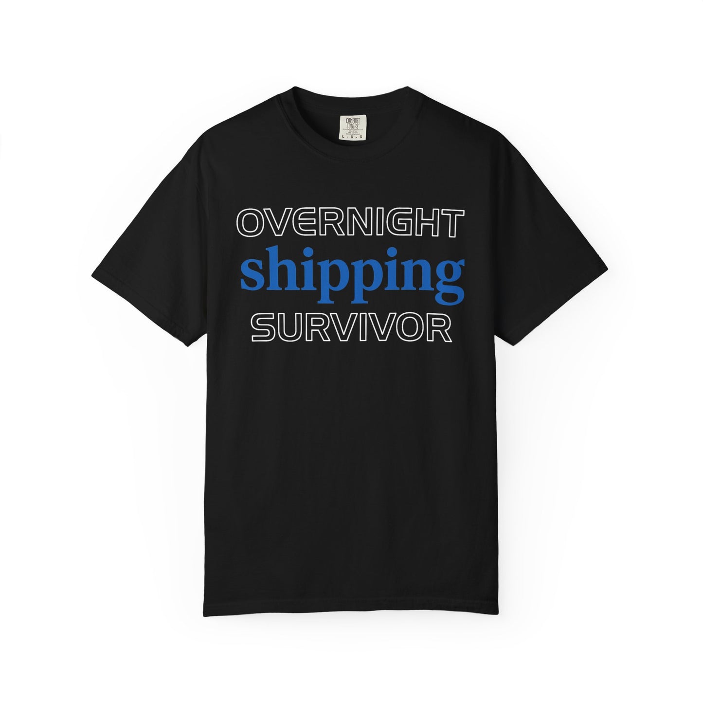 Broke Reefers saltwater aquarium graphic t-shirt featuring clean, bold typography that reads: OVERNIGHT shipping SURVIVOR, black crew neck tee