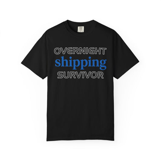 Broke Reefers saltwater aquarium graphic t-shirt featuring clean, bold typography that reads: OVERNIGHT shipping SURVIVOR, black crew neck tee
