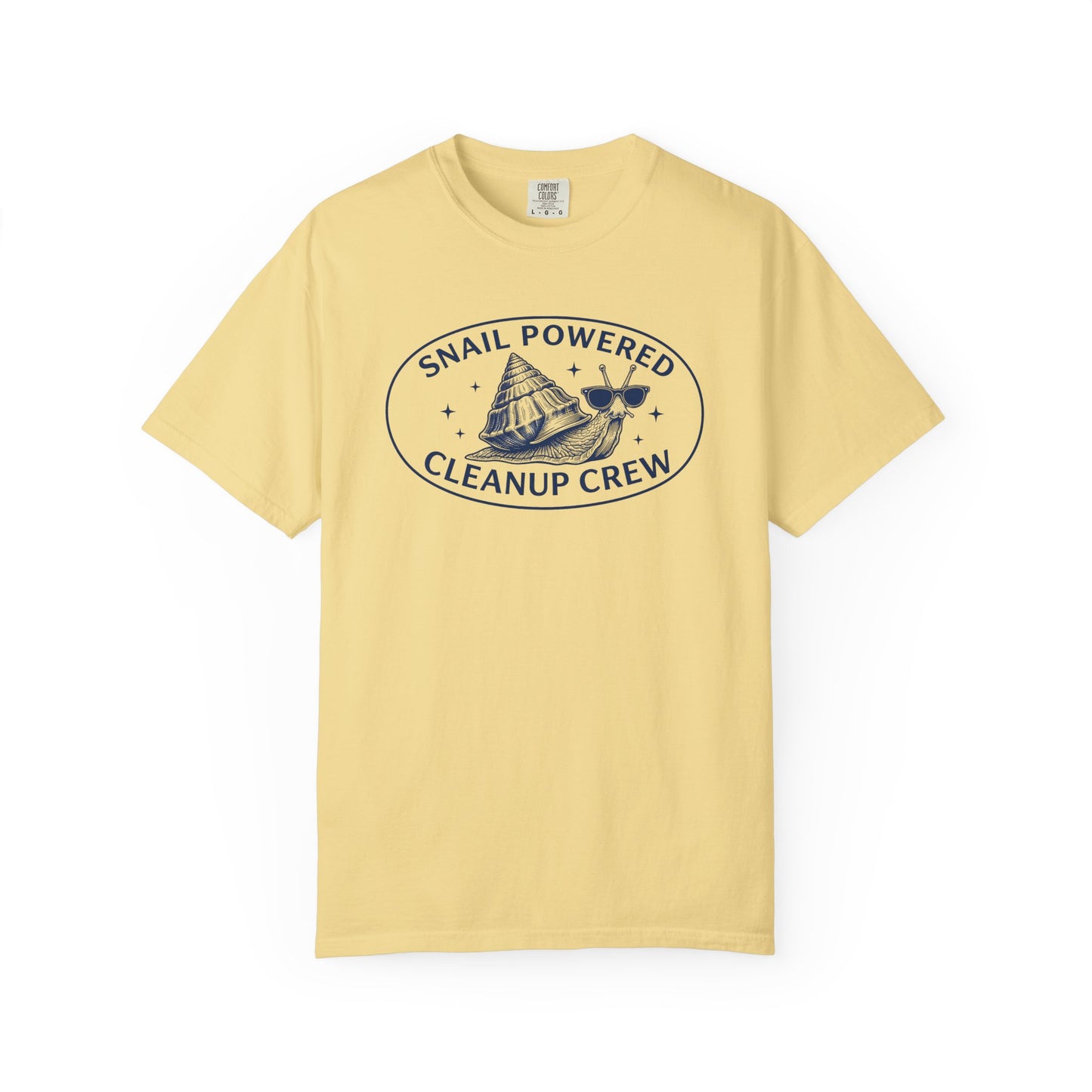 Broke Reefers saltwater aquarium graphic t-shirt featuring an illustration of a cool snail with sunglasses and the text: SNAIL POWERED CLEANUP CREW, yellow crew neck tee