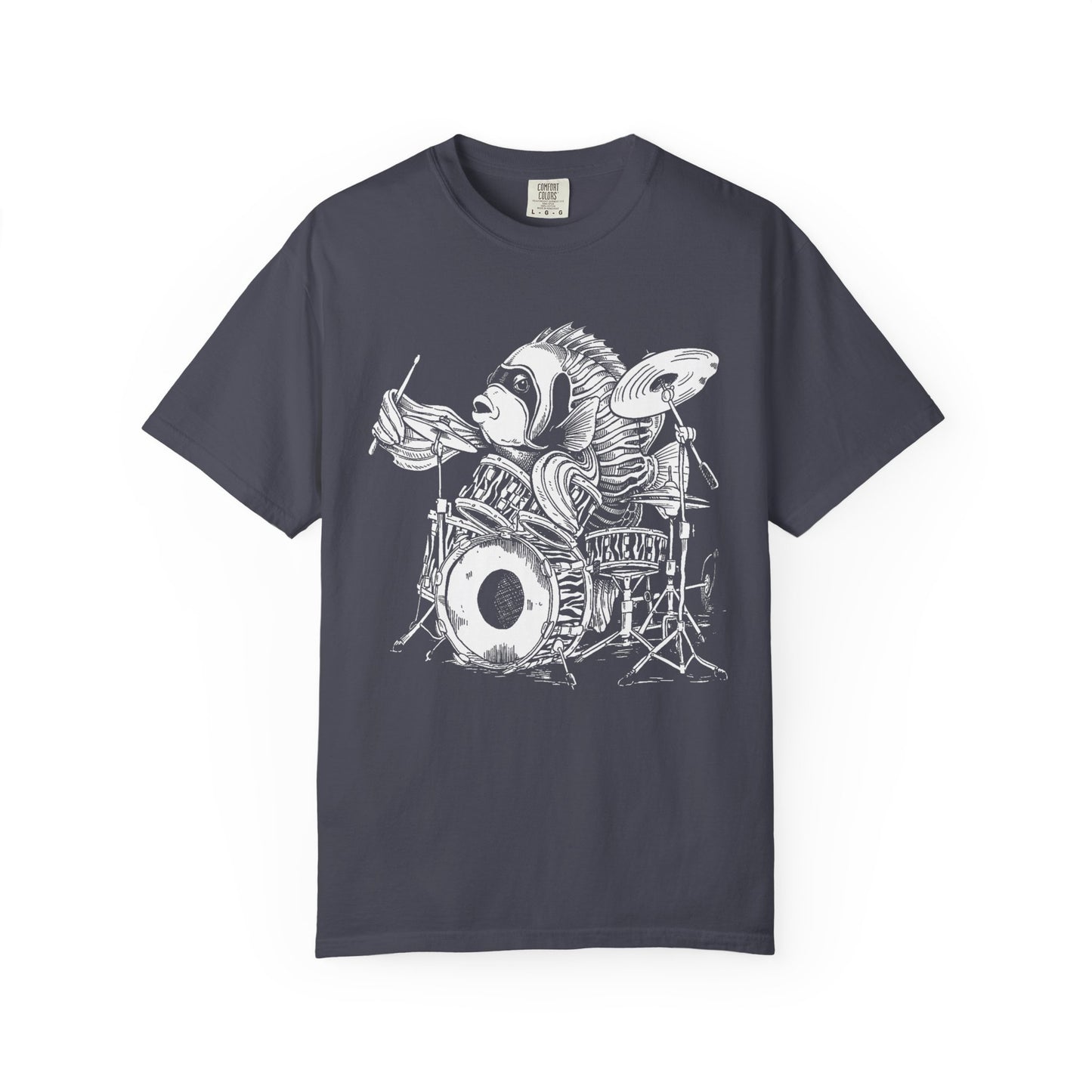 Broke Reefers saltwater aquarium graphic t-shirt featuring a detailed black-and-white illustration of an Emperor Angelfish playing a drum kit,  navy crew neck tee