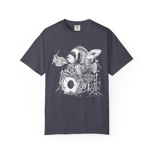 Broke Reefers saltwater aquarium graphic t-shirt featuring a detailed black-and-white illustration of an Emperor Angelfish playing a drum kit,  navy crew neck tee