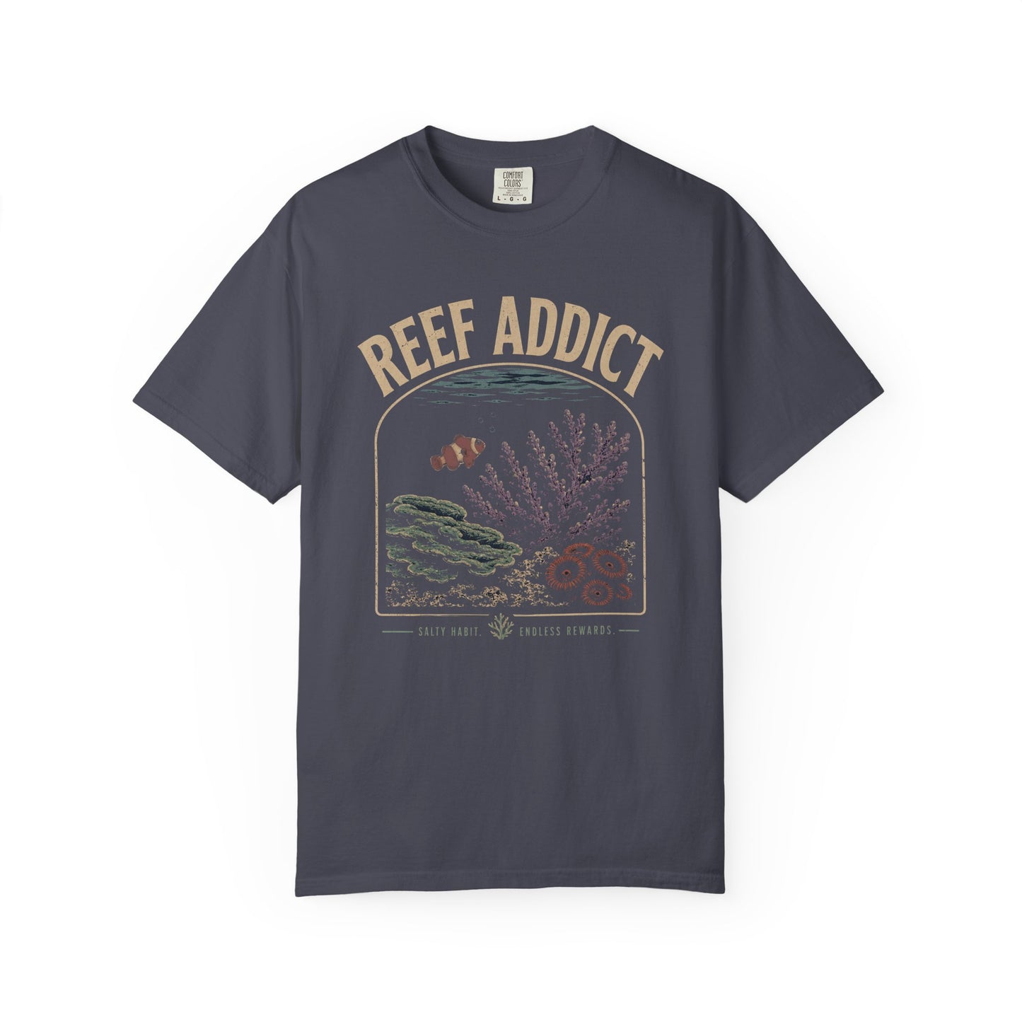 Broke Reefers saltwater aquarium graphic t-shirt featuring a serene, archival-style illustration of a reef scene with the text: REEF ADDICT, navy crew neck tee