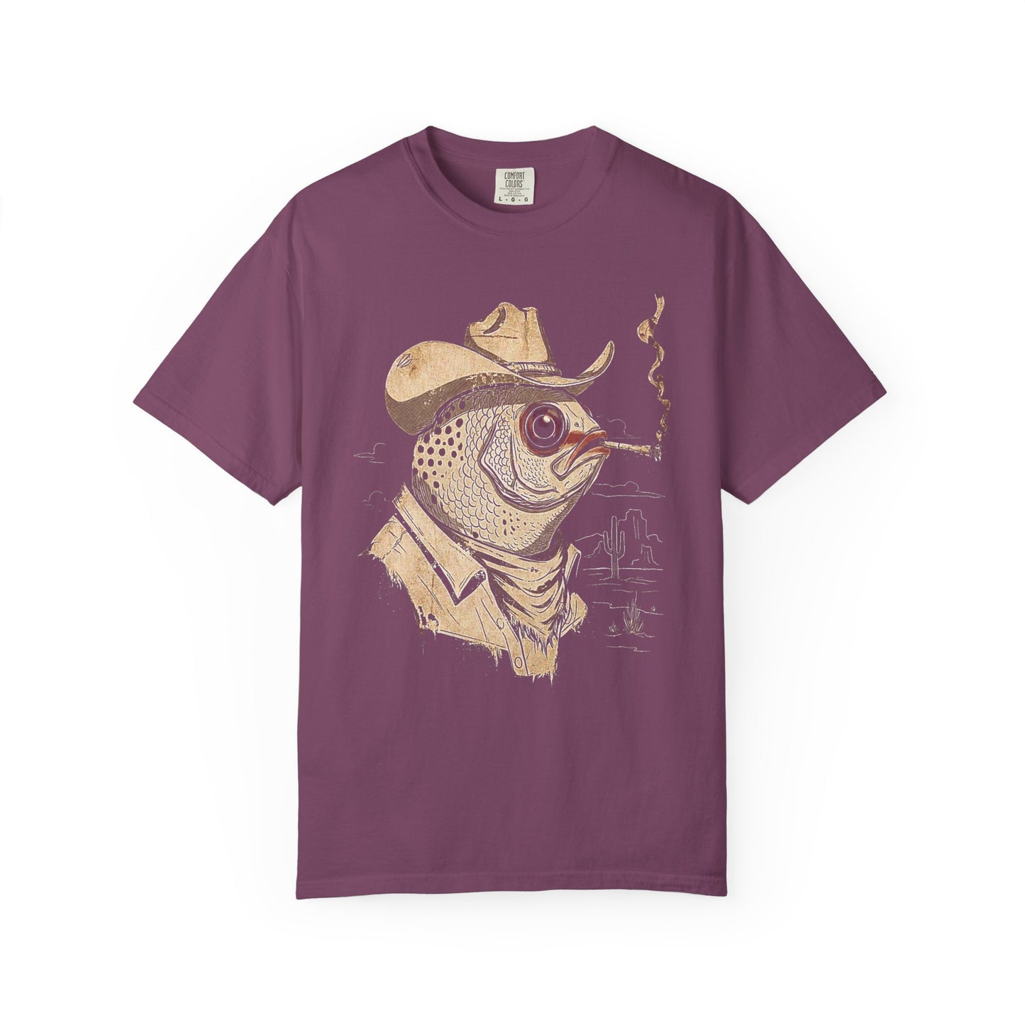 Broke Reefers saltwater aquarium graphic t-shirt featuring a moody, artistic illustration of a fish dressed as a cowboy in the desert, purple crew neck tee