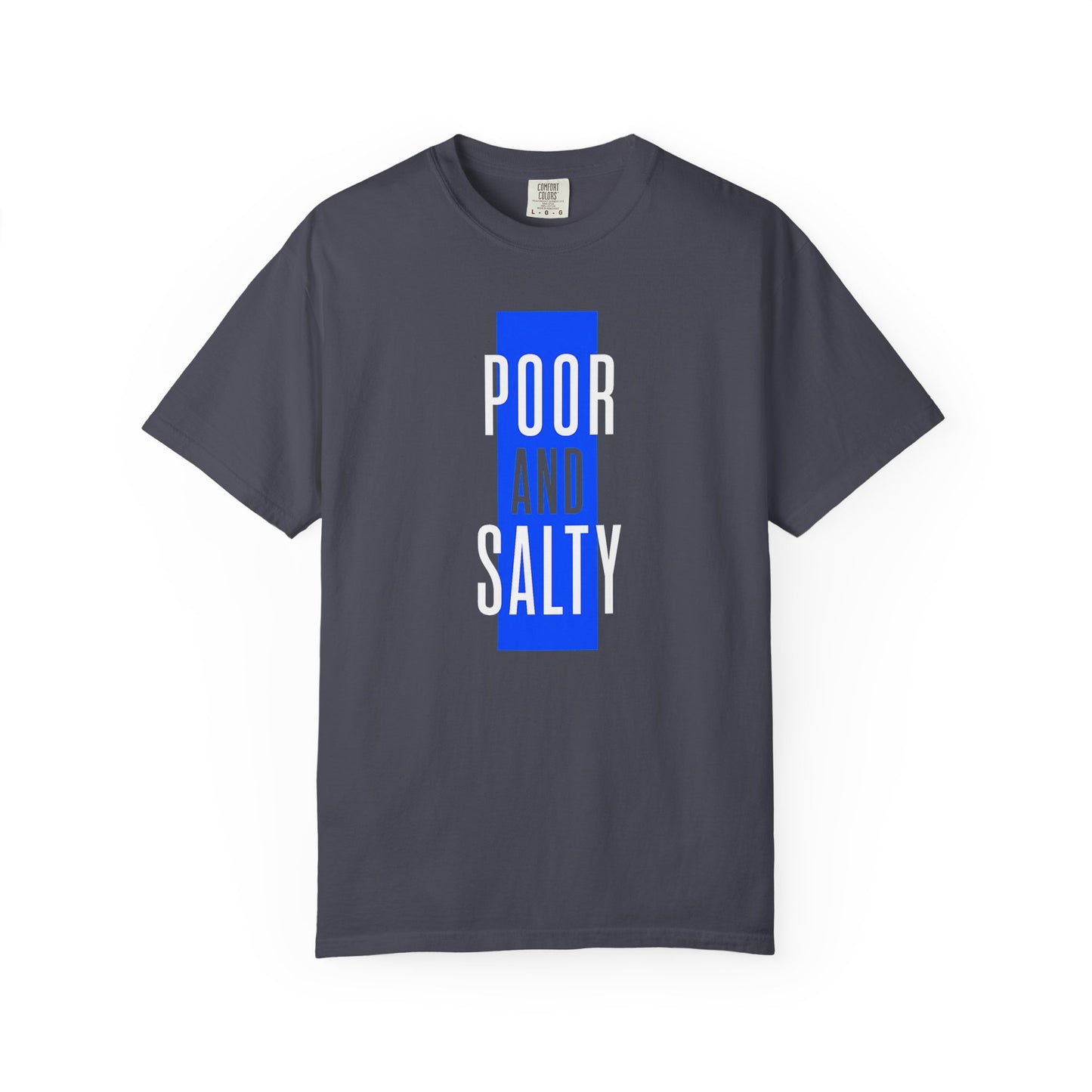 Broke Reefers saltwater aquarium graphic t-shirt featuring a bold, minimalist color-blocked text design that reads: POOR AND SALTY, navy crew neck tee