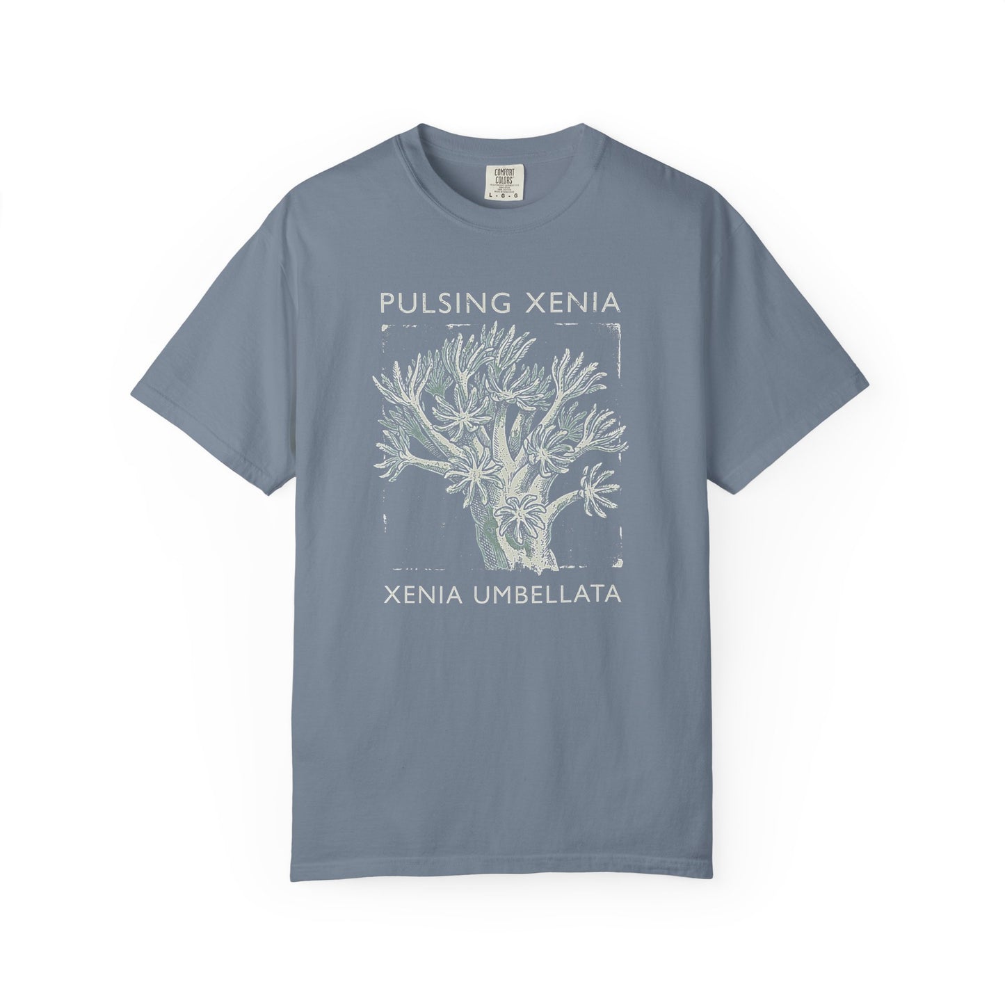 Broke Reefers graphic t-shirt featuring a detailed illustration of Pulsing Xenia coral with the text: PULSING XENIA, XENIA UMBELLATA, blue crew neck tee