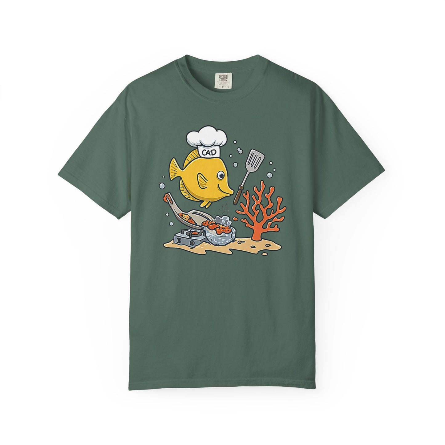 Broke Reefers saltwater aquarium graphic t-shirt featuring a cartoon illustration of a Yellow Tang wearing a chef hat labeled 'CAD' and cooking fish food, military green crew neck tee