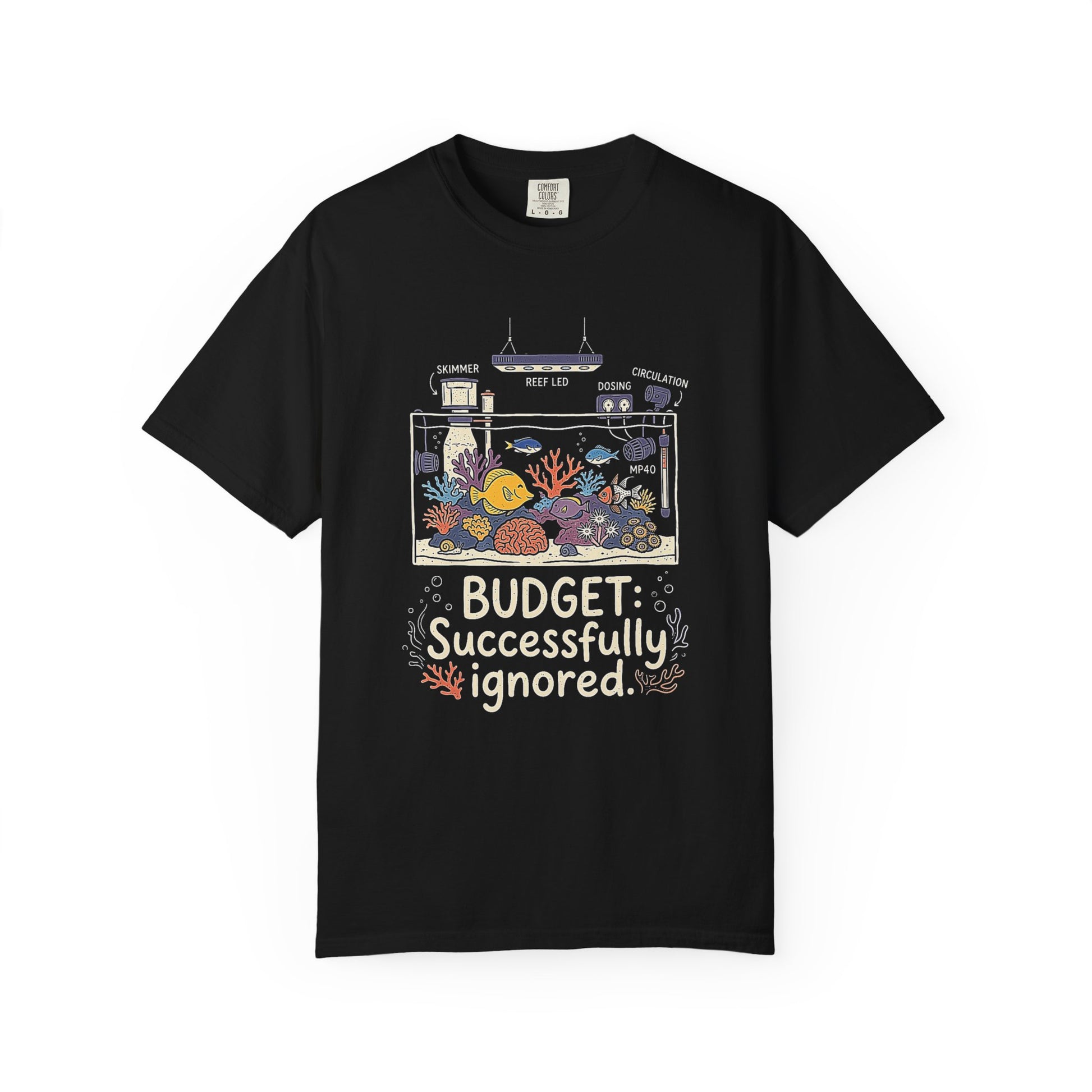 Broke Reefers saltwater aquarium graphic t-shirt featuring an aquarium equipment schematic with the text: BUDGET: Successfully ignored, black crew neck tee