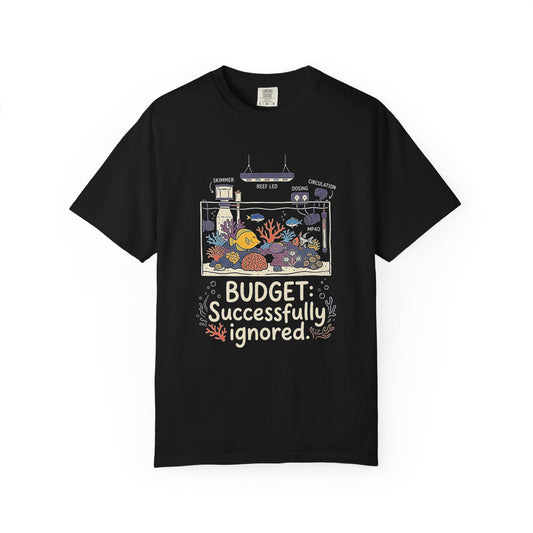 Broke Reefers saltwater aquarium graphic t-shirt featuring an aquarium equipment schematic with the text: BUDGET: Successfully ignored, black crew neck tee