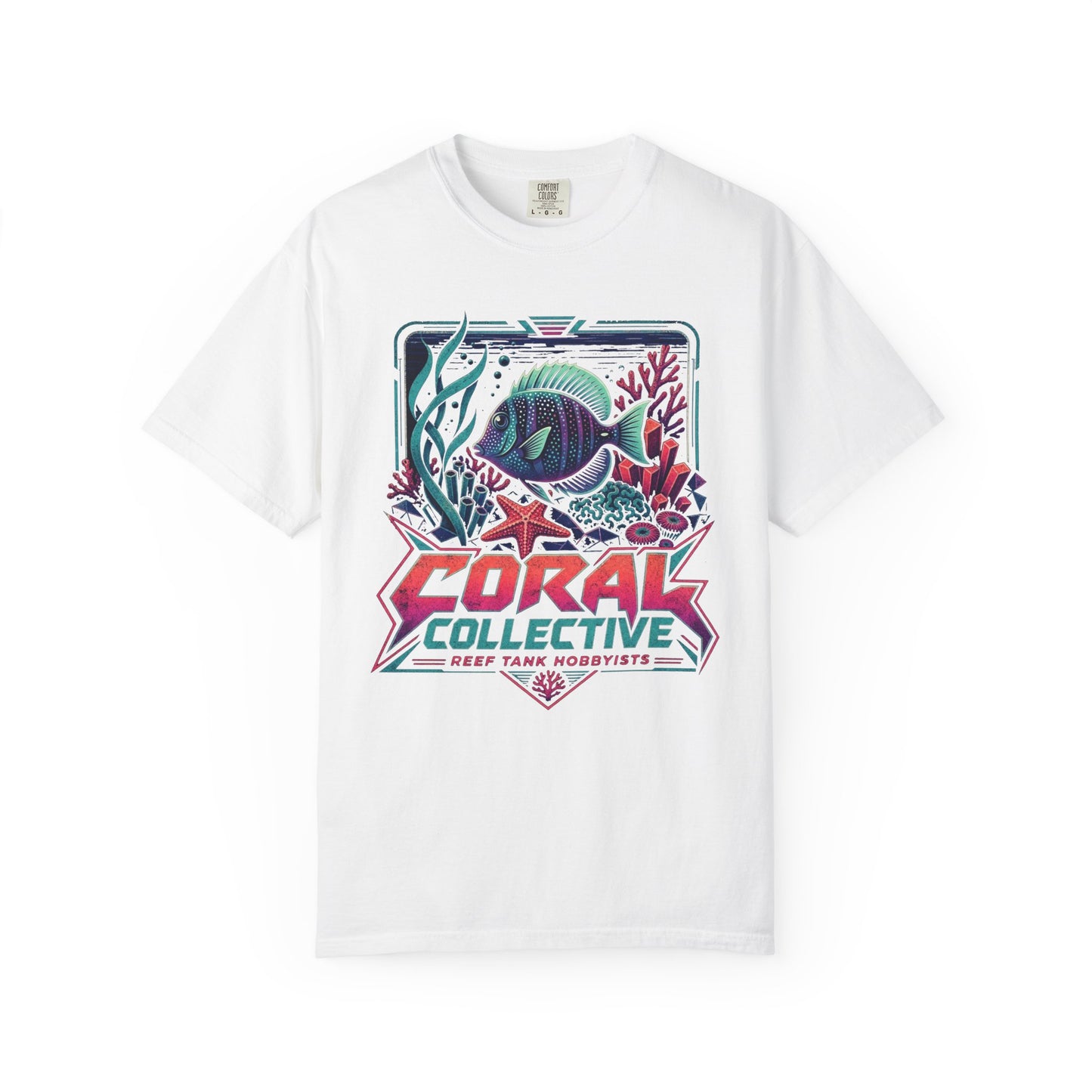 Broke Reefers graphic t-shirt featuring a vibrant illustration of a reef scene with a centerpiece fish and text reading: CORAL COLLECTIVE: REEF TANK HOBBYISTS, white crew neck tee