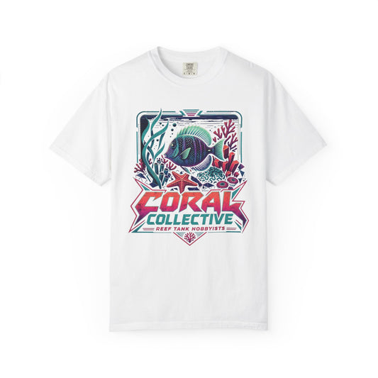 Broke Reefers graphic t-shirt featuring a vibrant illustration of a reef scene with a centerpiece fish and text reading: CORAL COLLECTIVE: REEF TANK HOBBYISTS, white crew neck tee