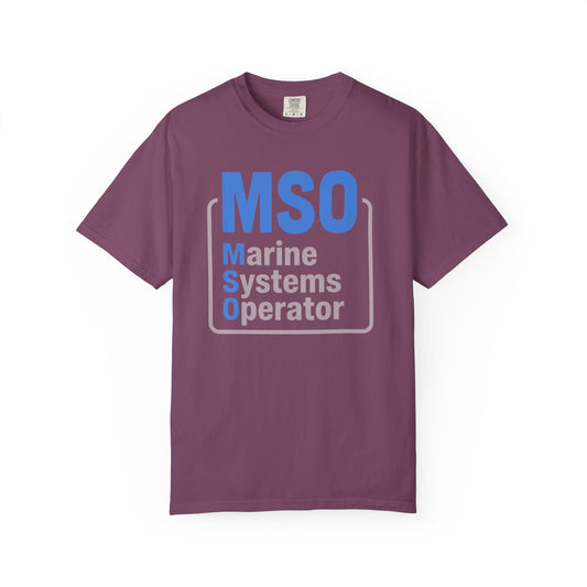 Broke Reefers saltwater aquarium graphic t-shirt featuring modern, bold typography that reads: MSO Marine Systems Operator, purple crew neck tee