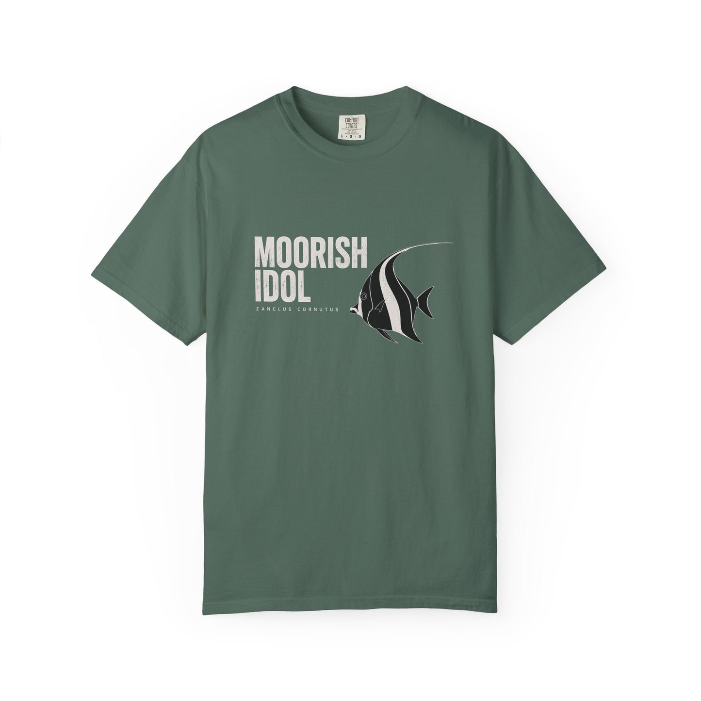 Broke Reefers graphic t-shirt featuring a stylized illustration of a Moorish Idol with the text: MOORISH IDOL, ZANCLUS CORNUTUS, military green crew neck tee