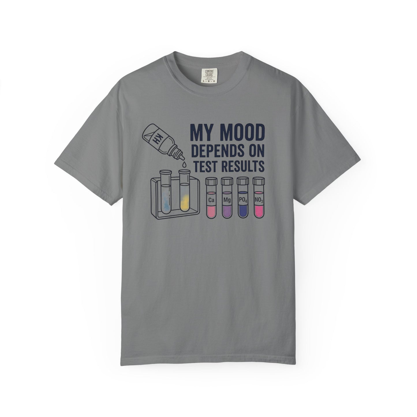 Broke Reefers graphic t-shirt featuring an illustration of KH testing and various chemical test vials with the text: MY MOOD DEPENDS ON TEST RESULTS, grey crew neck tee