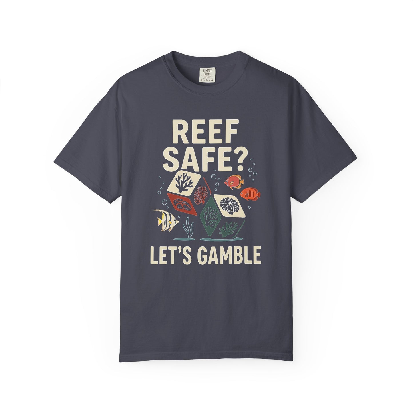 Broke Reefers graphic t-shirt featuring an illustration of dice depicting reef life and the text: REEF SAFE? LET'S GAMBLE, navy crew neck tee