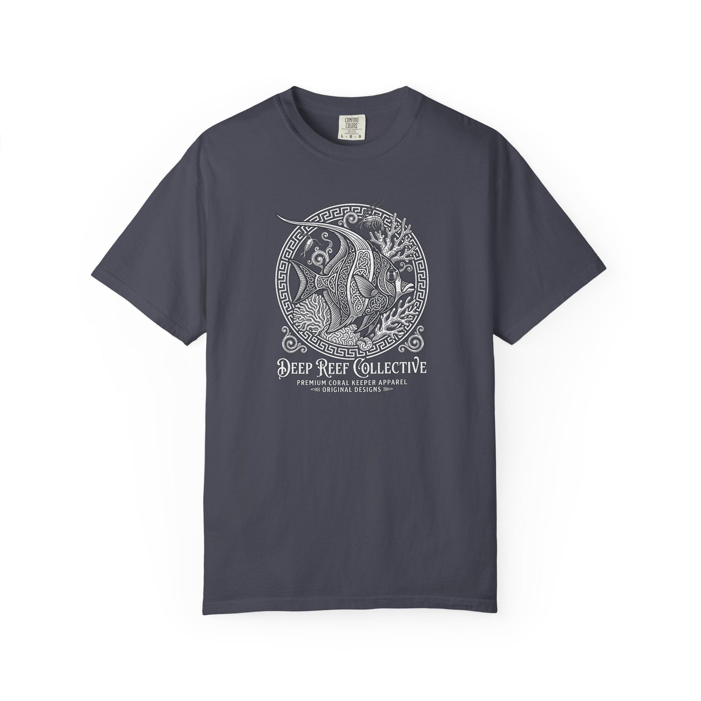 Deep Reef Collective premium graphic t-shirt featuring an intricate, knotwork-style illustration of a Moorish Idol (Zanclus cornutus) within a circular frame, navy crew neck tee