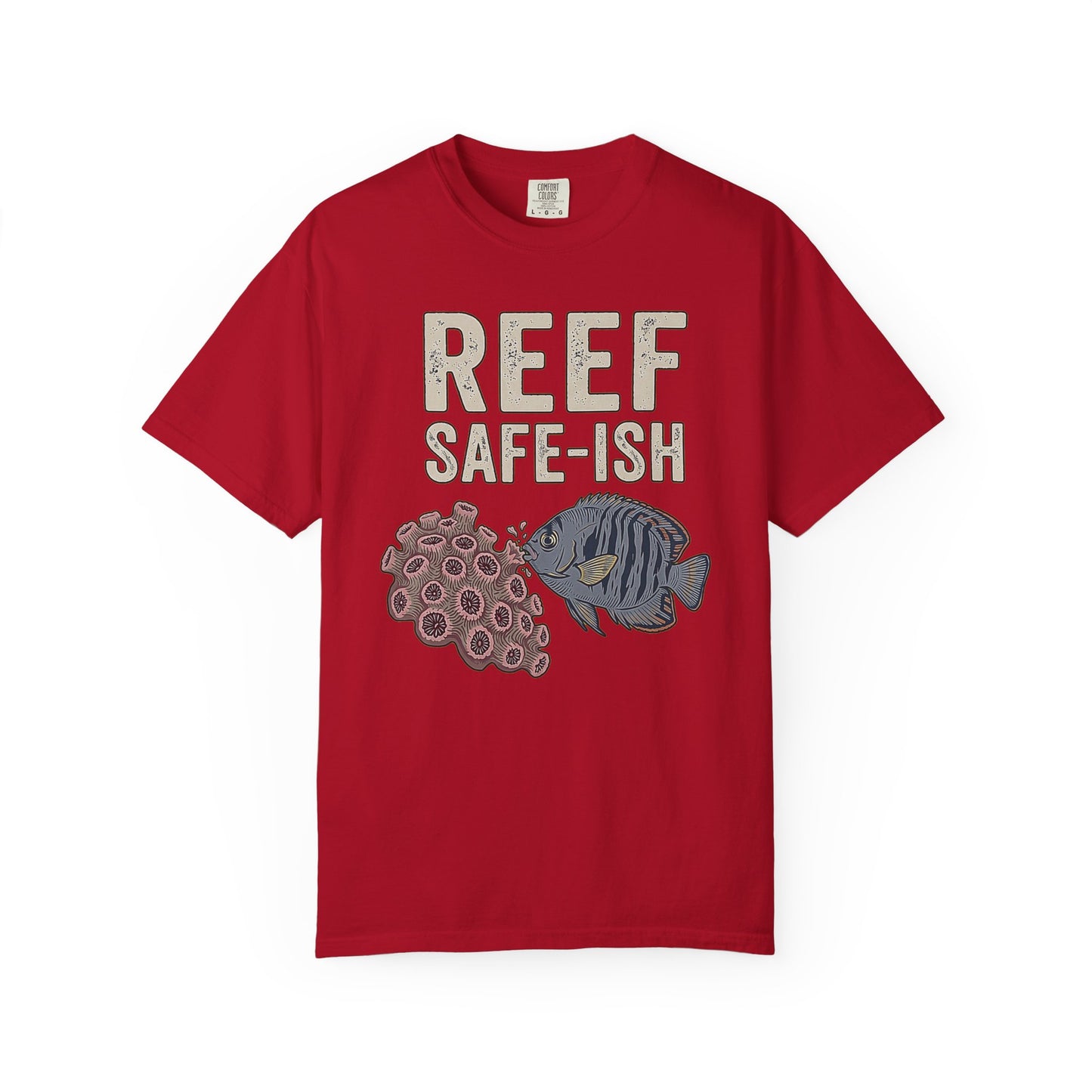 Broke Reefers graphic t-shirt featuring an illustration of a fish and coral with the text: REEF SAFE-ISH, red crew neck tee