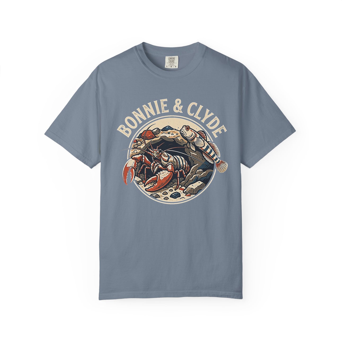 Broke Reefers saltwater aquarium graphic t-shirt featuring a circular badge illustration of a pistol shrimp and a goby with the text: BONNIE & CLYDE, blue crew neck tee