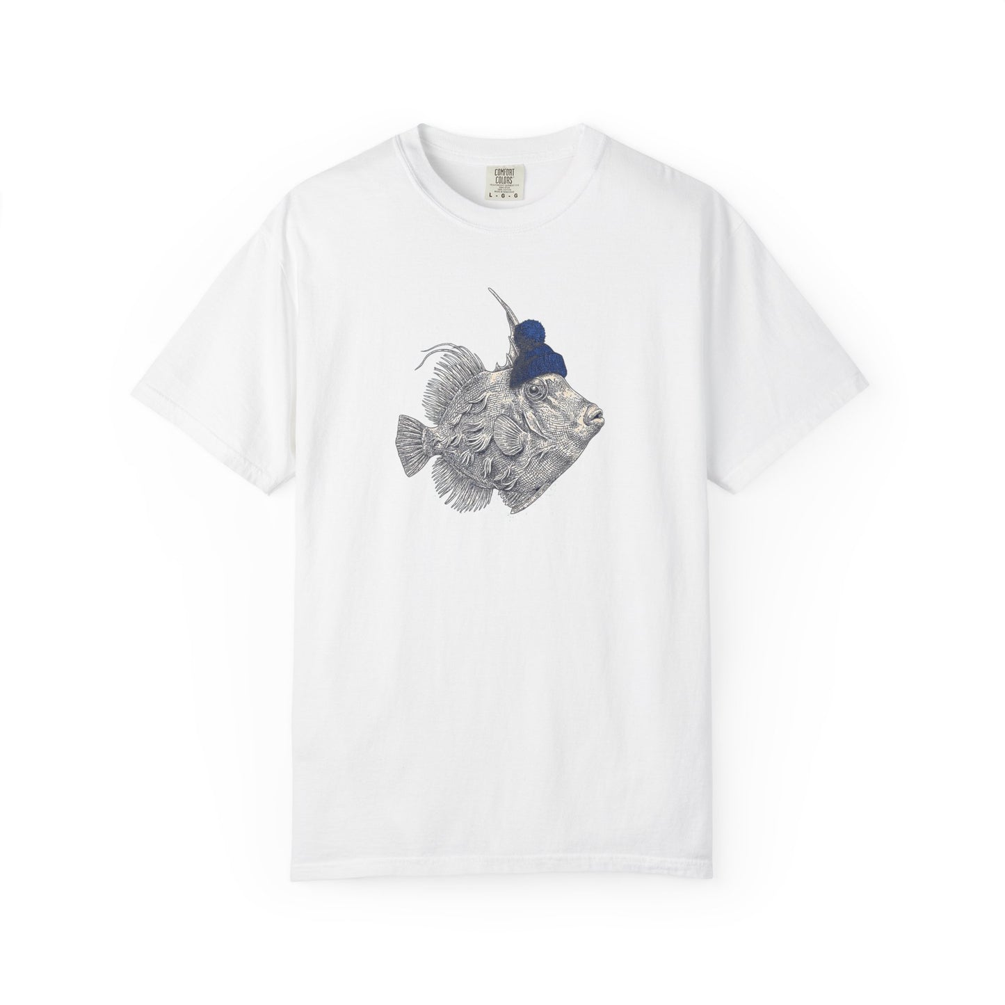 Broke Reefers graphic t-shirt featuring a vintage-style illustration of a filefish wearing a beanie, white crew neck tee