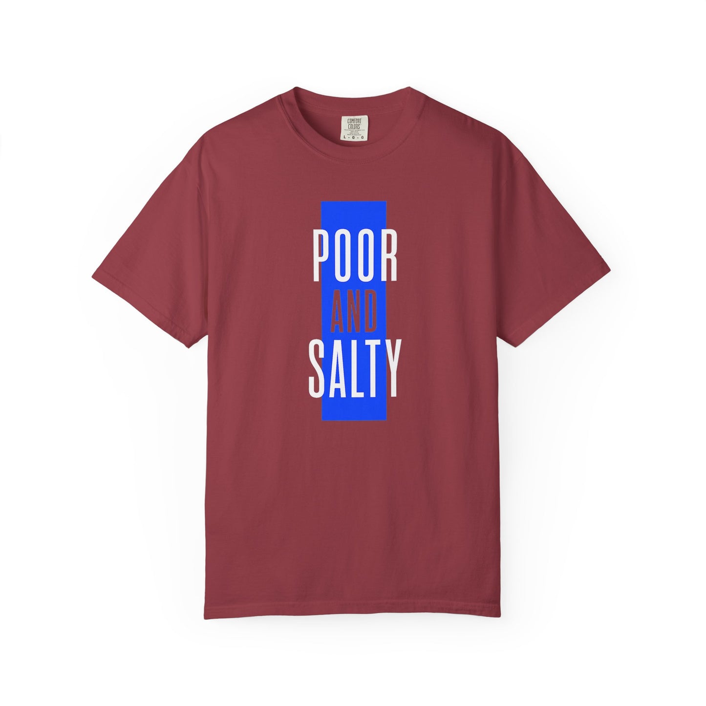 Broke Reefers saltwater aquarium graphic t-shirt featuring a bold, minimalist color-blocked text design that reads: POOR AND SALTY, maroon crew neck tee