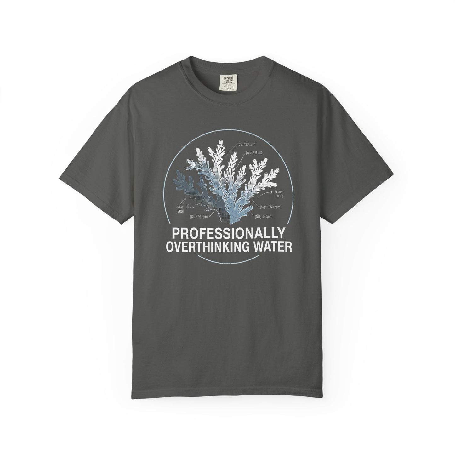 Broke Reefers graphic t-shirt featuring a detailed coral schematic with parameter callouts and the text: PROFESSIONALLY OVERTHINKING WATER, dark grey crew neck tee