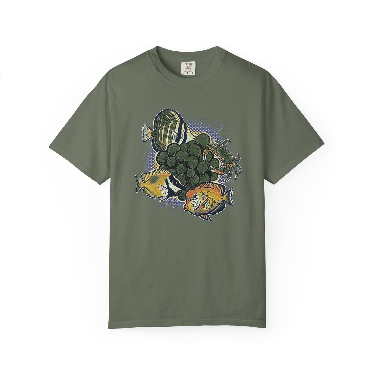 Broke Reefers graphic t-shirt featuring a vibrant illustration of a crab and various fish surrounding a cluster of bubble algae, military green crew neck tee
