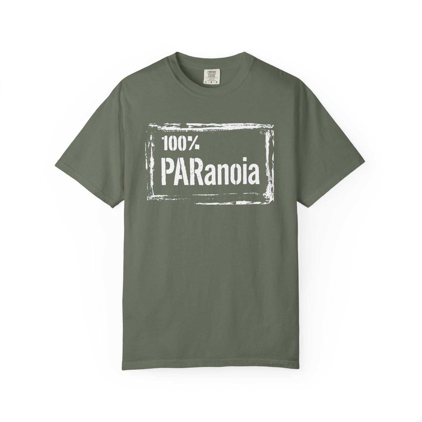 Broke Reefers saltwater aquarium graphic t-shirt featuring a distressed-frame design with the text: 100% PARANOIA, military green crew neck tee