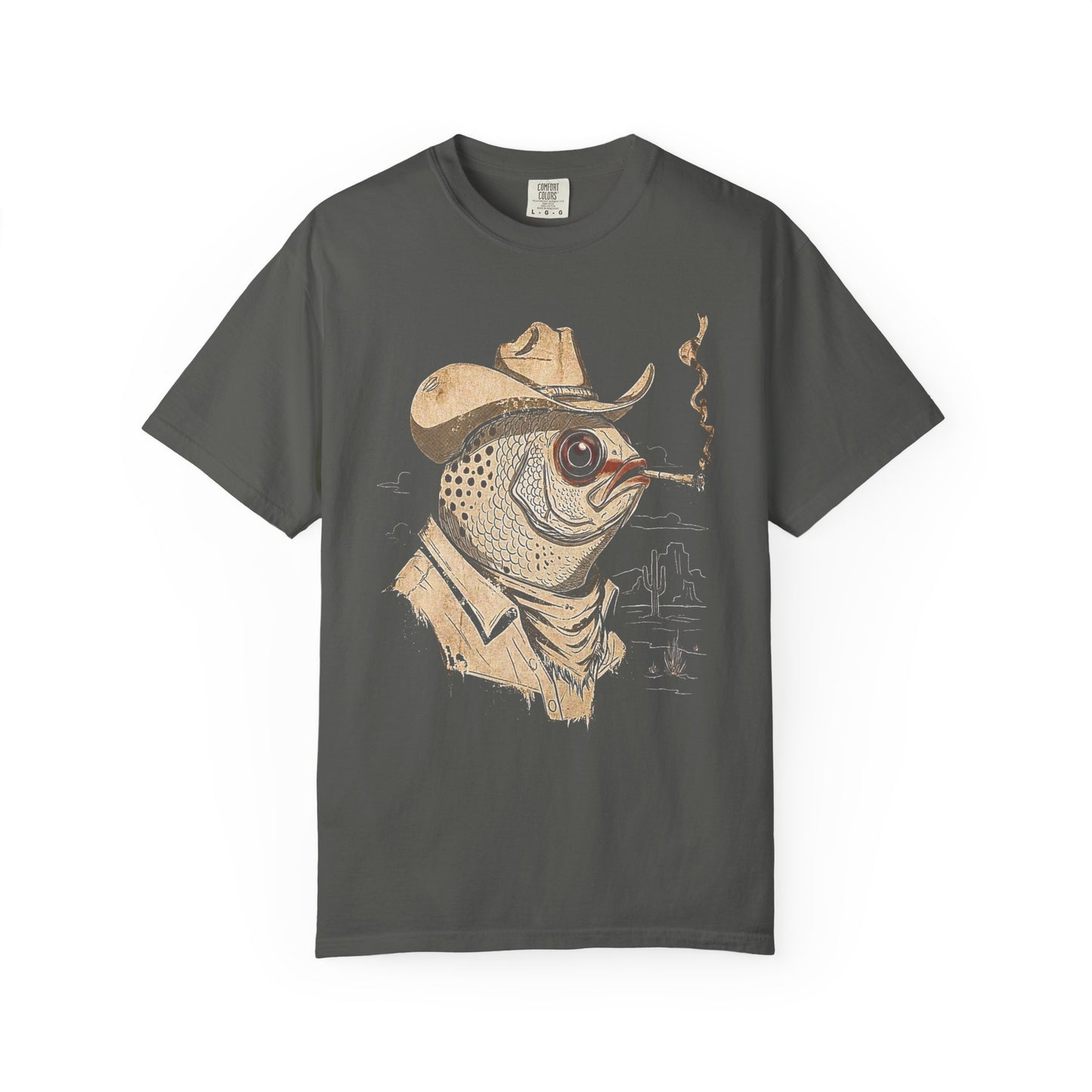 Broke Reefers saltwater aquarium graphic t-shirt featuring a moody, artistic illustration of a fish dressed as a cowboy in the desert, dark khaki crew neck tee