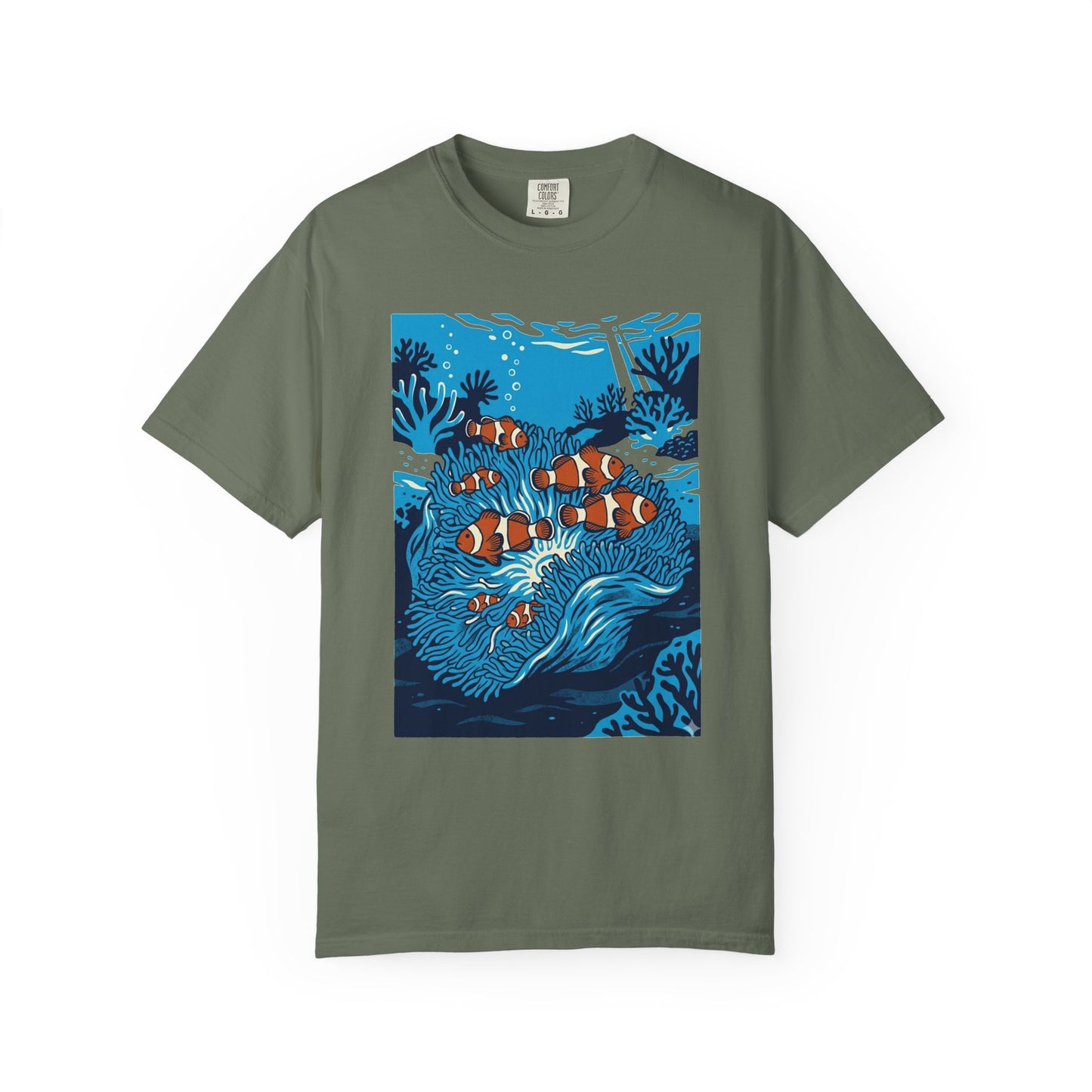 Broke Reefers saltwater aquarium graphic t-shirt featuring a detailed blue-toned illustration of a group of clownfish in an anemone, military crew neck tee