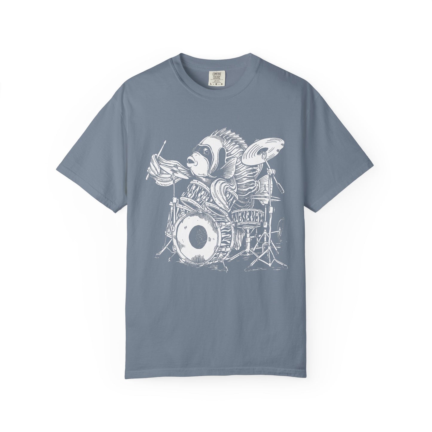 Broke Reefers saltwater aquarium graphic t-shirt featuring a detailed black-and-white illustration of an Emperor Angelfish playing a drum kit, blue crew neck tee