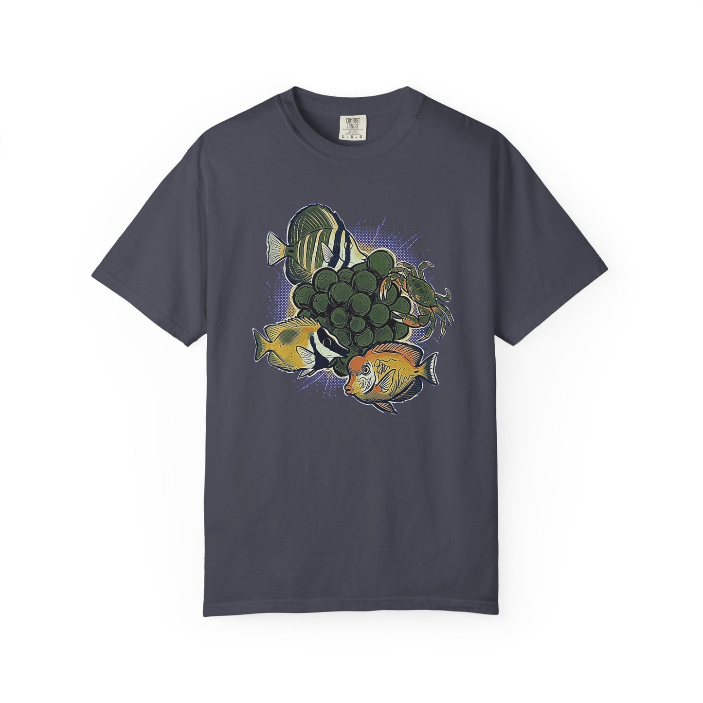 Broke Reefers graphic t-shirt featuring a vibrant illustration of a crab and various fish surrounding a cluster of bubble algae, navy crew neck tee