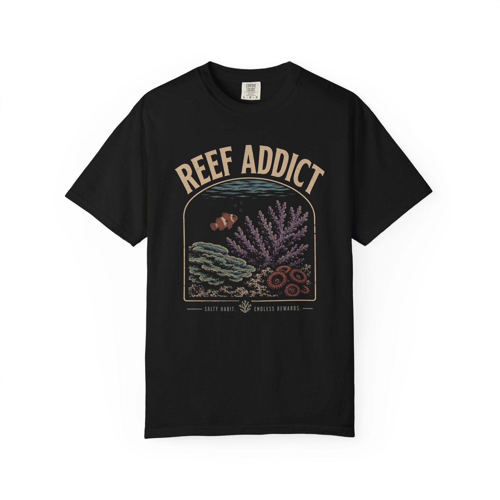 Broke Reefers saltwater aquarium graphic t-shirt featuring a serene, archival-style illustration of a reef scene with the text: REEF ADDICT, black crew neck tee