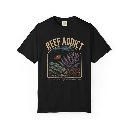 Broke Reefers saltwater aquarium graphic t-shirt featuring a serene, archival-style illustration of a reef scene with the text: REEF ADDICT, black crew neck tee