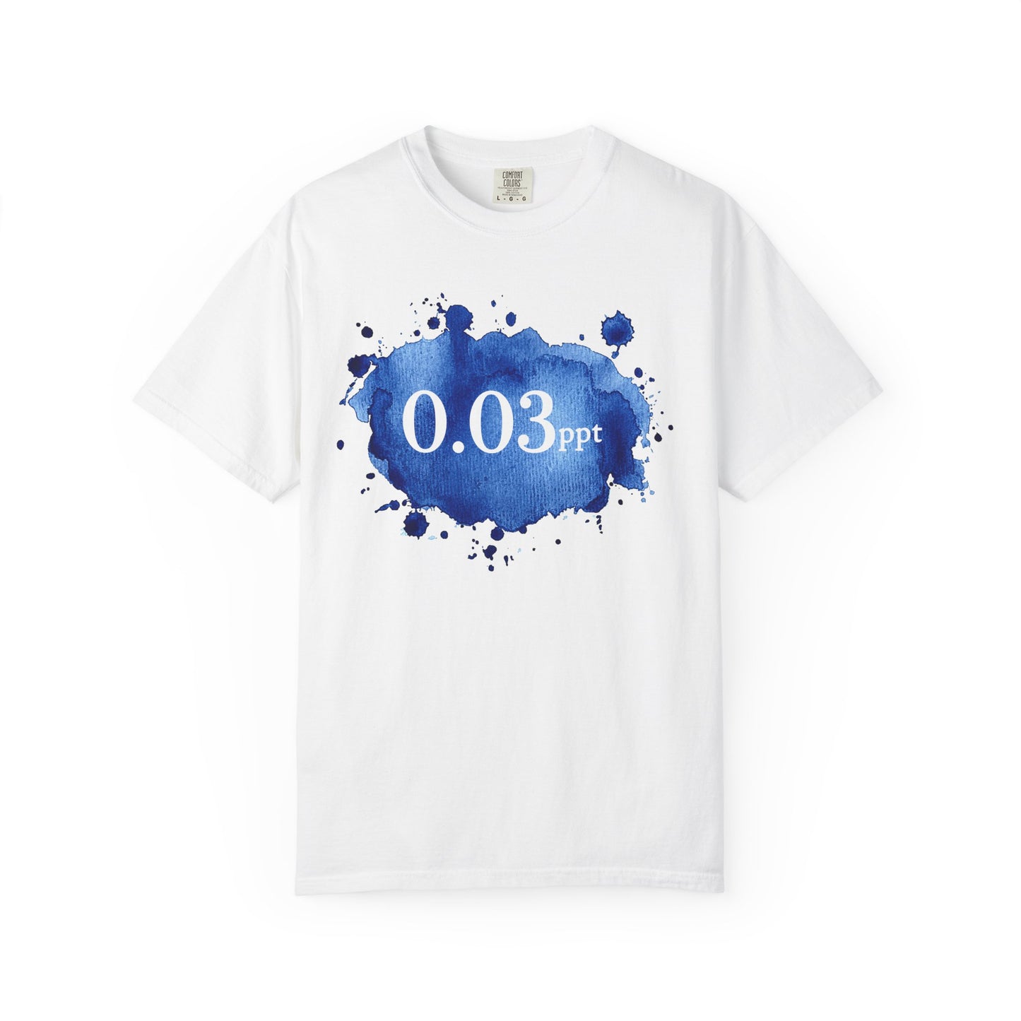 Broke Reefers graphic t-shirt featuring bold text reading 0.03 ppt over a vibrant blue watercolor splash background, [Color] crew neck tee.
