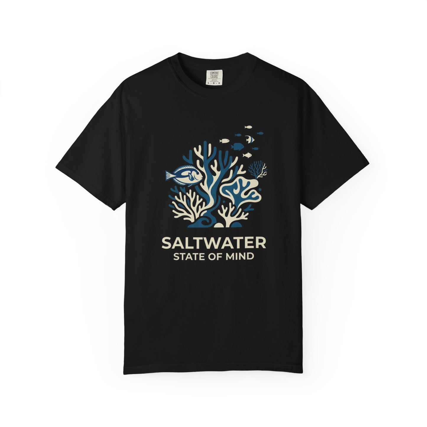 Broke Reefers saltwater aquarium graphic t-shirt featuring a serene illustration of a coral reef with the text: SALTWATER STATE OF MIND, black crew neck tee