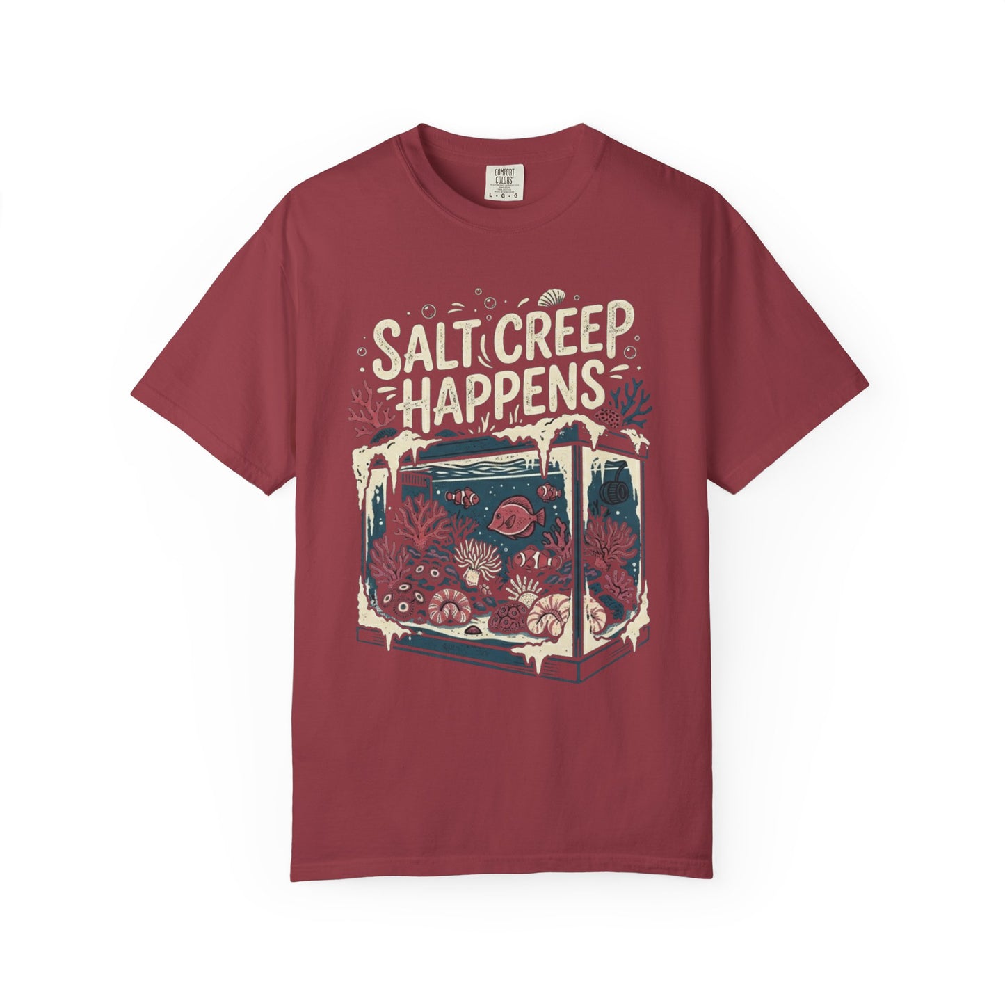 Broke Reefers saltwater aquarium graphic t-shirt featuring an illustration of a reef tank with white salt creep buildup and the text: SALT CREEP HAPPENS, maroon crew neck tee