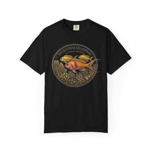 Broke Reefers graphic t-shirt featuring a detailed, circular illustration of Lyretail Anthias fish with the text: PSEUDANTHIAS SQUAMIPINNIS, Lyretail Anthias, black crew neck tee