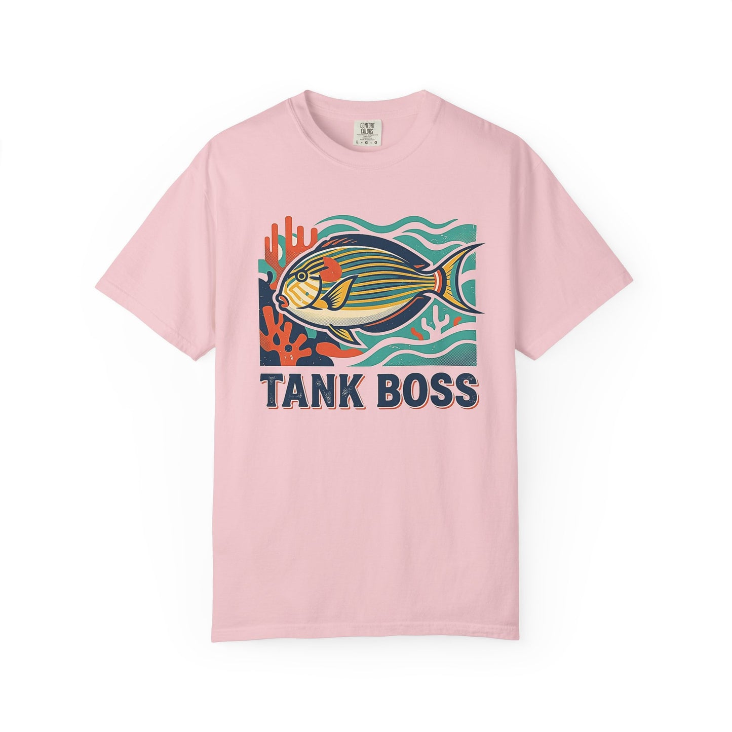 Broke Reefers saltwater aquarium graphic t-shirt featuring a stylized graphic illustration of a Lined Surgeonfish on coral with the text: TANK BOSS, pink crew neck tee