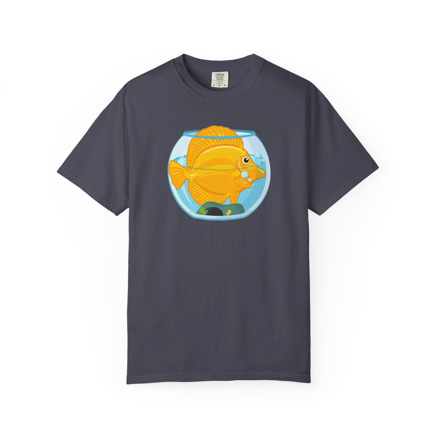 Broke Reefers graphic t-shirt featuring a humorous illustration of a yellow tang crammed inside a small fishbowl, navy crew neck tee