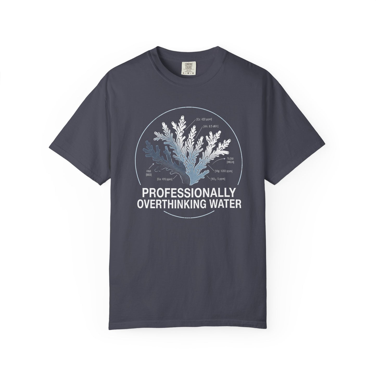 Broke Reefers graphic t-shirt featuring a detailed coral schematic with parameter callouts and the text: PROFESSIONALLY OVERTHINKING WATER, navy crew neck tee