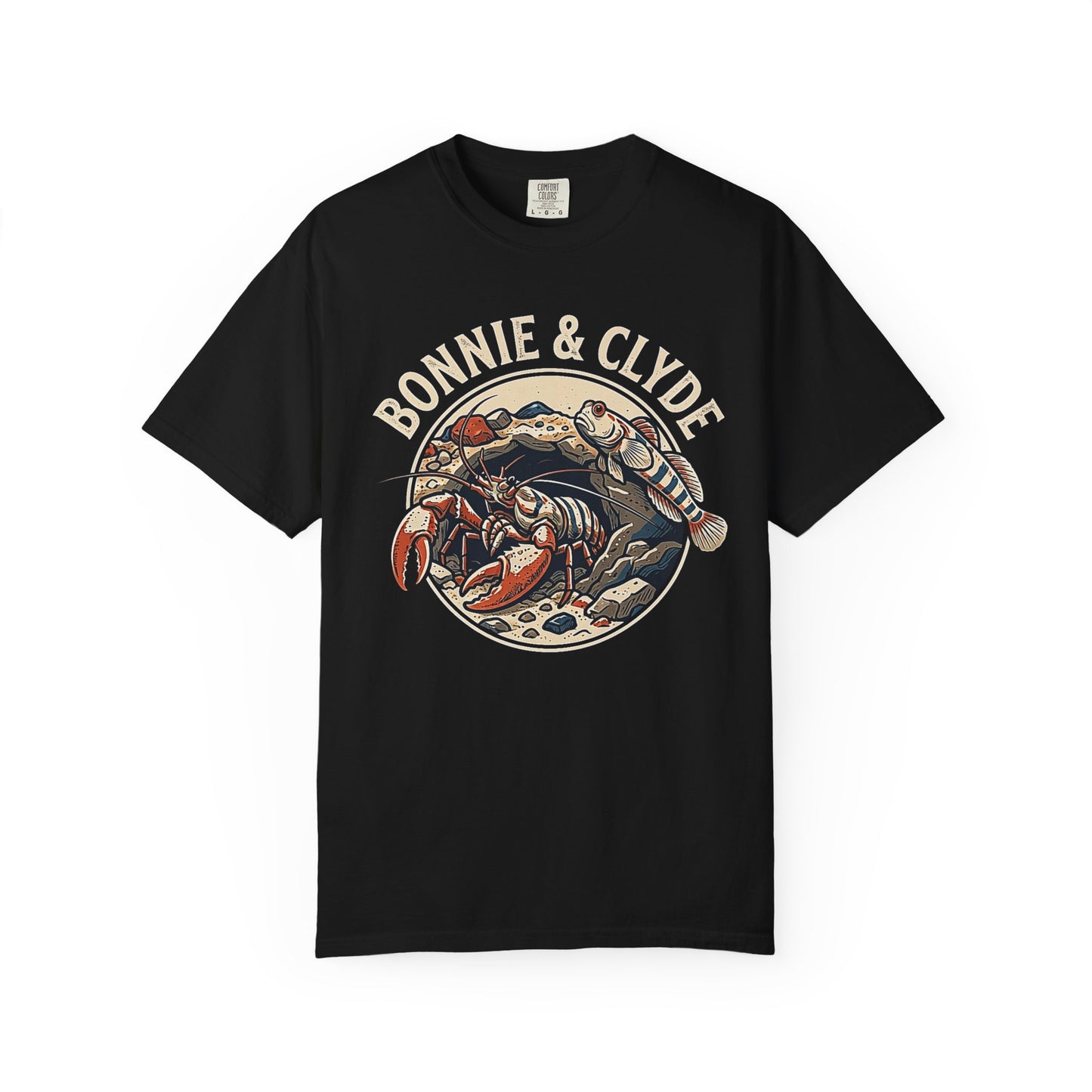 Broke Reefers saltwater aquarium graphic t-shirt featuring a circular badge illustration of a pistol shrimp and a goby with the text: BONNIE & CLYDE, black crew neck tee