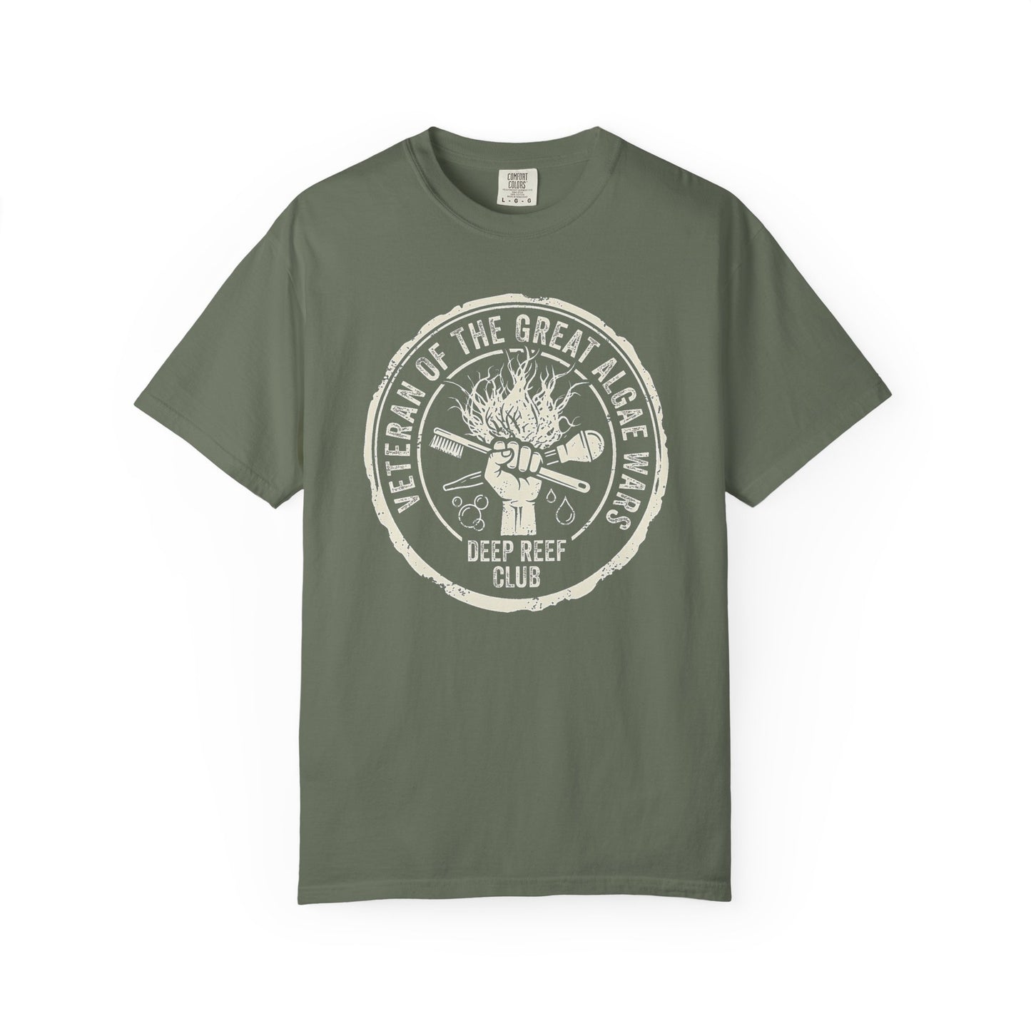Deep Reef Club saltwater aquarium graphic t-shirt featuring a grit-inspired badge design of a hand raising cleaning tools with the text: VETERAN OF THE GREAT ALGAE WARS, military green crew neck tee