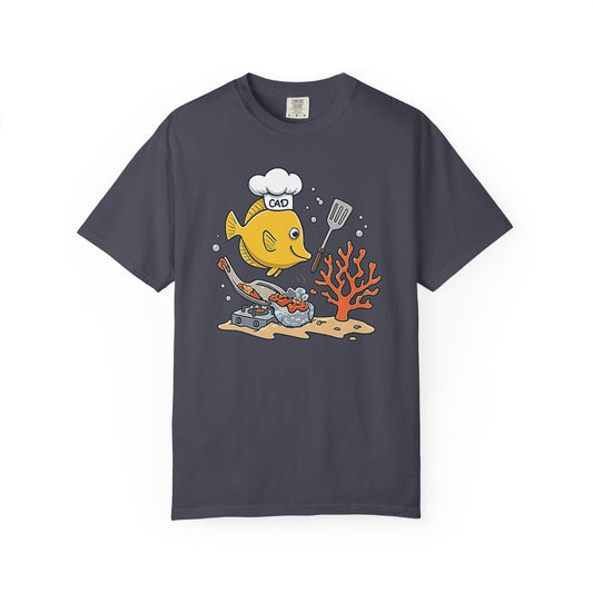 Broke Reefers saltwater aquarium graphic t-shirt featuring a cartoon illustration of a Yellow Tang wearing a chef hat labeled 'CAD' and cooking fish food, navy crew neck tee