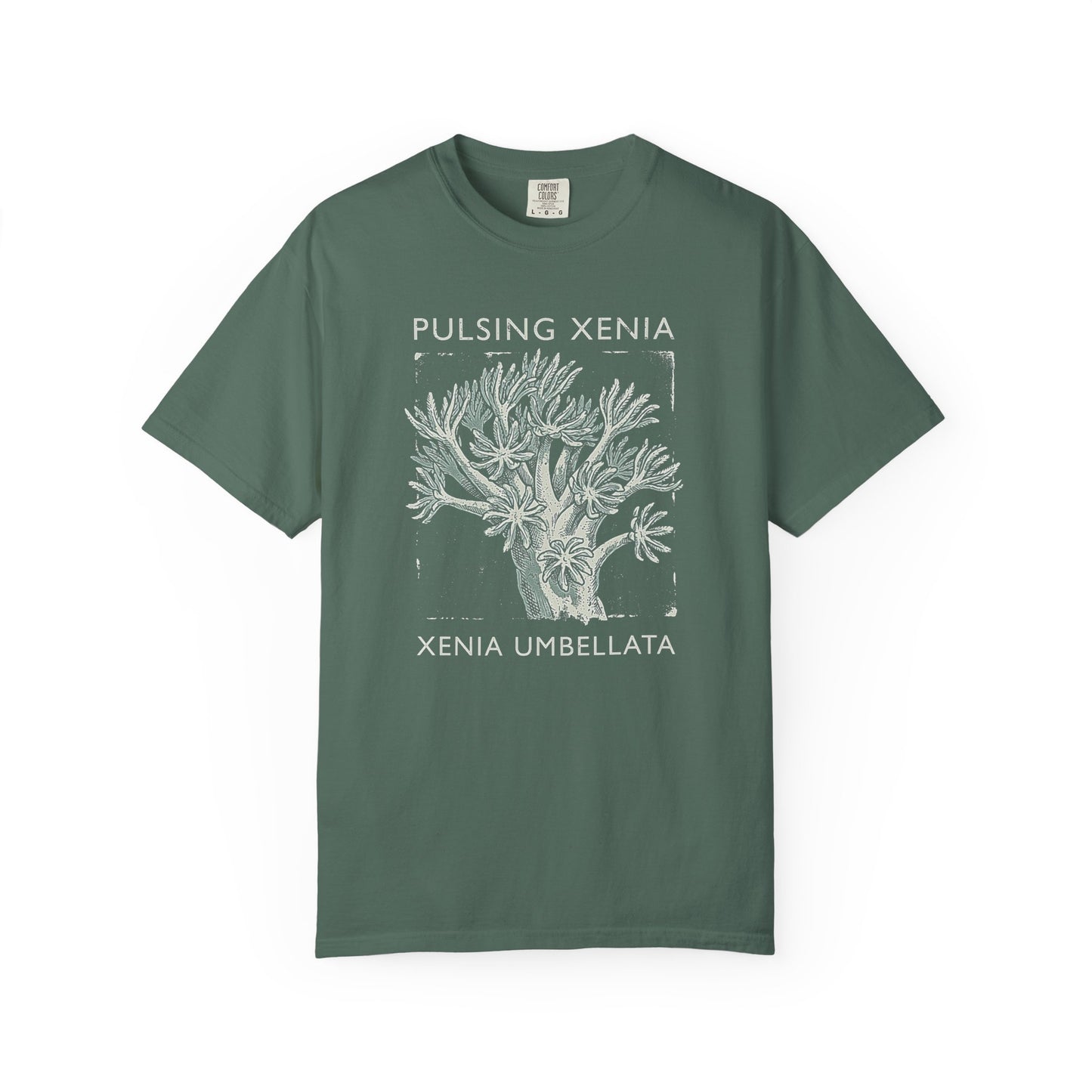 Broke Reefers graphic t-shirt featuring a detailed illustration of Pulsing Xenia coral with the text: PULSING XENIA, XENIA UMBELLATA, military green crew neck tee